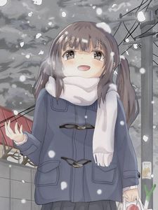 Превью обои девочка, улыбка, снег, аниме, арт