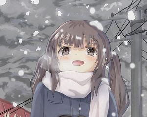 Превью обои девочка, улыбка, снег, аниме, арт