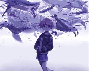 Превью обои девочка, взгляд, рыбы, аниме, арт
