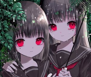 Превью обои девочки, близнецы, зонтик, дождь, аниме