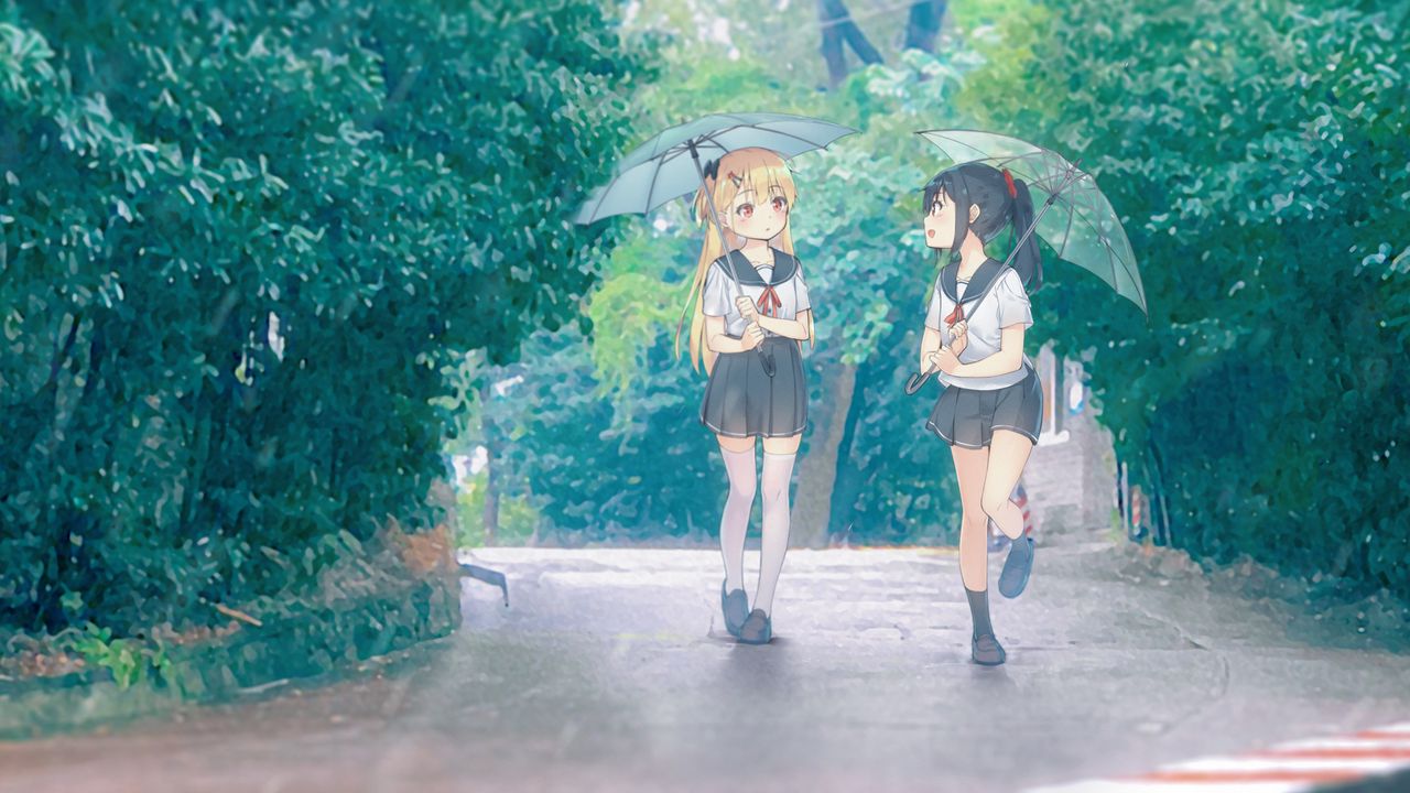 Обои девочки, подруги, зонтики, аниме, арт