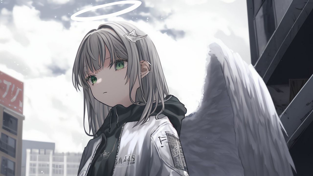 Обои девушка, ангел, крылья, нимб, аниме, куртка