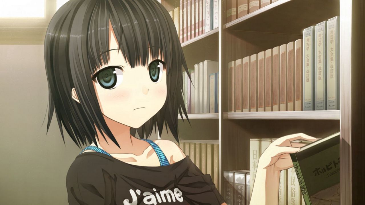 Обои девушка, аниме, книги, библиотека