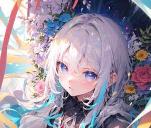 Превью обои девушка, аниме, цветы, арт