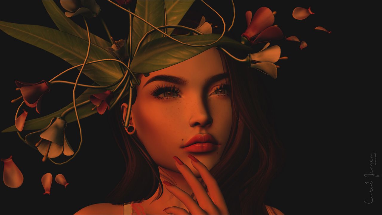 Обои девушка, арт, лицо, венок, листья, цветы