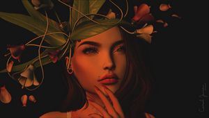 Превью обои девушка, арт, лицо, венок, листья, цветы