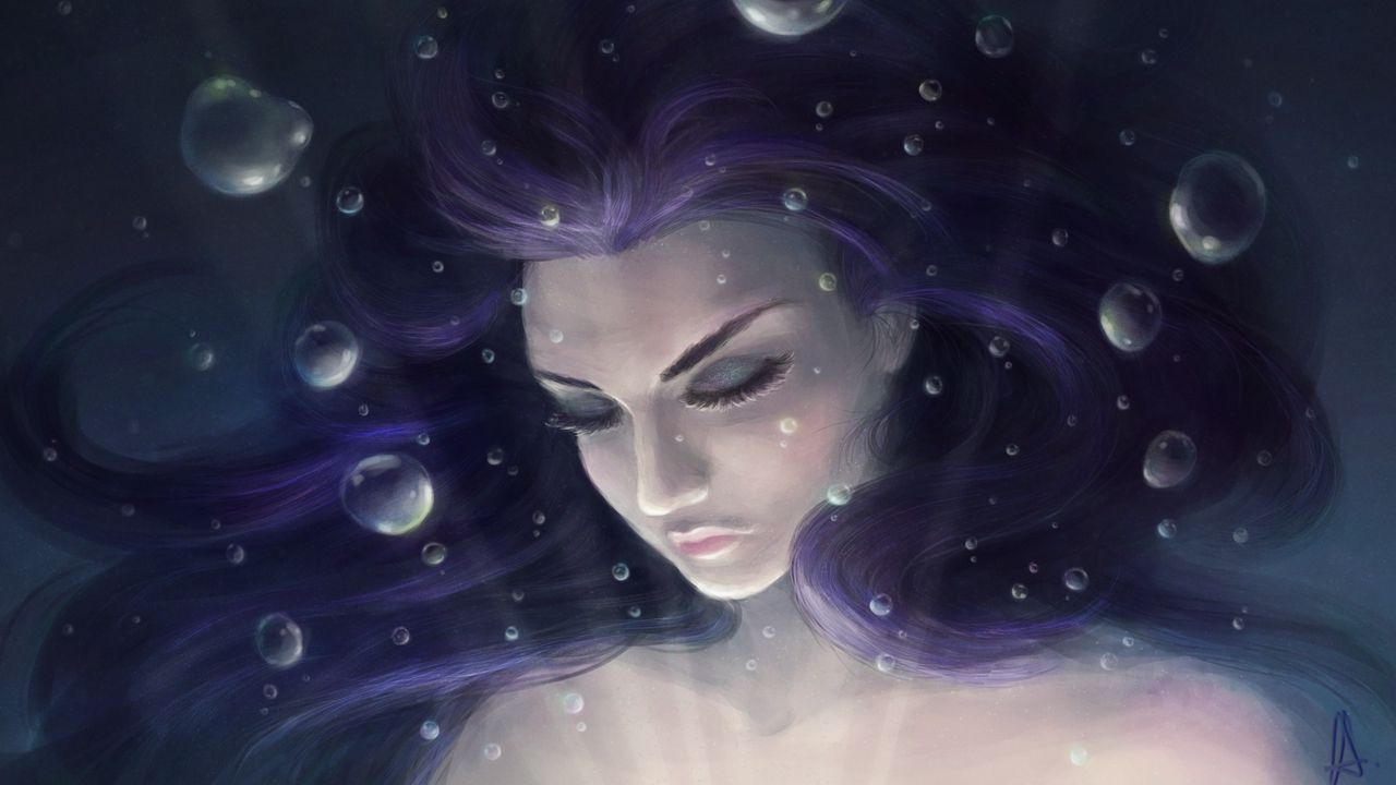 Обои девушка, арт, лицо, волосы, под водой, пузыри