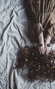 Превью обои девушка, арт, звезды, волосы