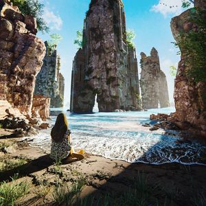 Превью обои девушка, берег, море, скалы, одиночество, арт