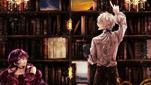 Превью обои девушка, библиотека, книги, аниме, арт, винтаж