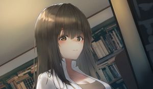 Превью обои девушка, библиотека, книги, аниме, арт