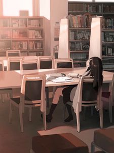 Превью обои девушка, библиотека, учеба, аниме