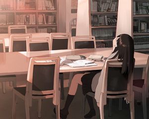 Превью обои девушка, библиотека, учеба, аниме