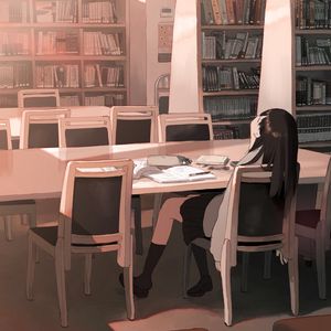 Превью обои девушка, библиотека, учеба, аниме