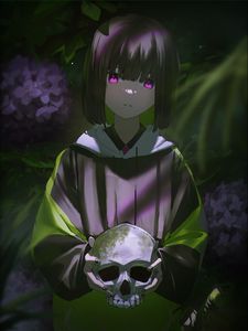 Превью обои девушка, череп, арт, аниме, темный