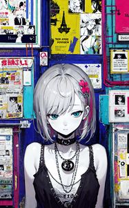 Превью обои девушка, чокер, стена, постеры, аниме