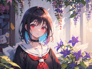 Превью обои девушка, чокер, цветы, аниме