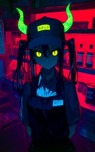 Превью обои девушка, демон, рога, темный, аниме