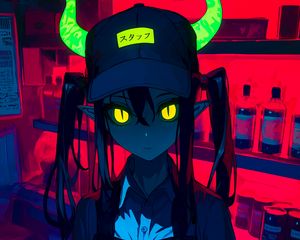 Превью обои девушка, демон, рога, темный, аниме