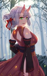 Превью обои девушка, демон, рога, лес, аниме, арт
