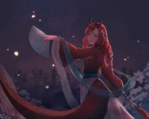 Превью обои девушка, демон, рога, платье, аниме