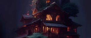 Превью обои девушка, дом, огни, тропа, обрыв, арт