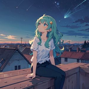 Превью обои девушка, дома, крыши, звезды, ночь, аниме, арт