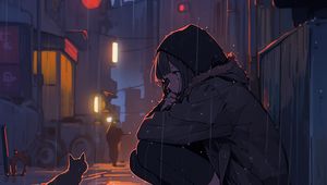 Превью обои девушка, дождь, кот, улица, аниме