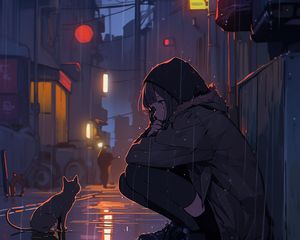 Превью обои девушка, дождь, кот, улица, аниме