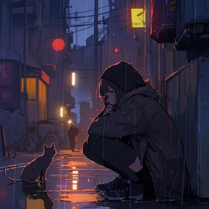 Превью обои девушка, дождь, кот, улица, аниме