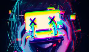Превью обои девушка, экран, грустный, арт, аниме