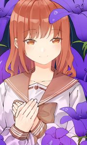 Превью обои девушка, форма, улыбка, цветы, аниме