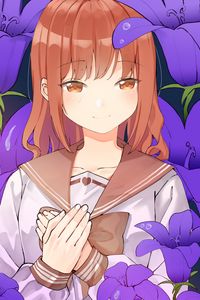 Превью обои девушка, форма, улыбка, цветы, аниме