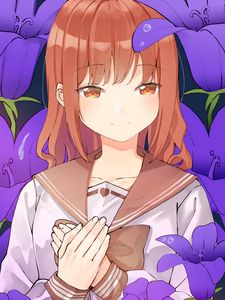 Превью обои девушка, форма, улыбка, цветы, аниме