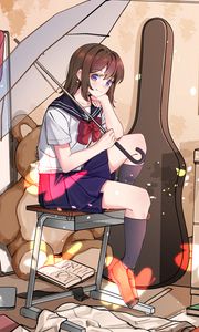 Превью обои девушка, форма, зонтик, интерьер, аниме