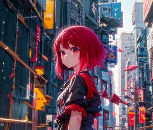 Превью обои девушка, город, улица, здания, аниме