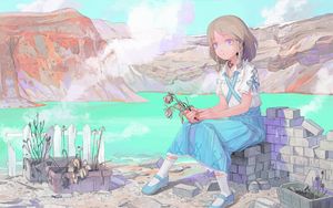 Превью обои девушка, горы, озеро, аниме, арт