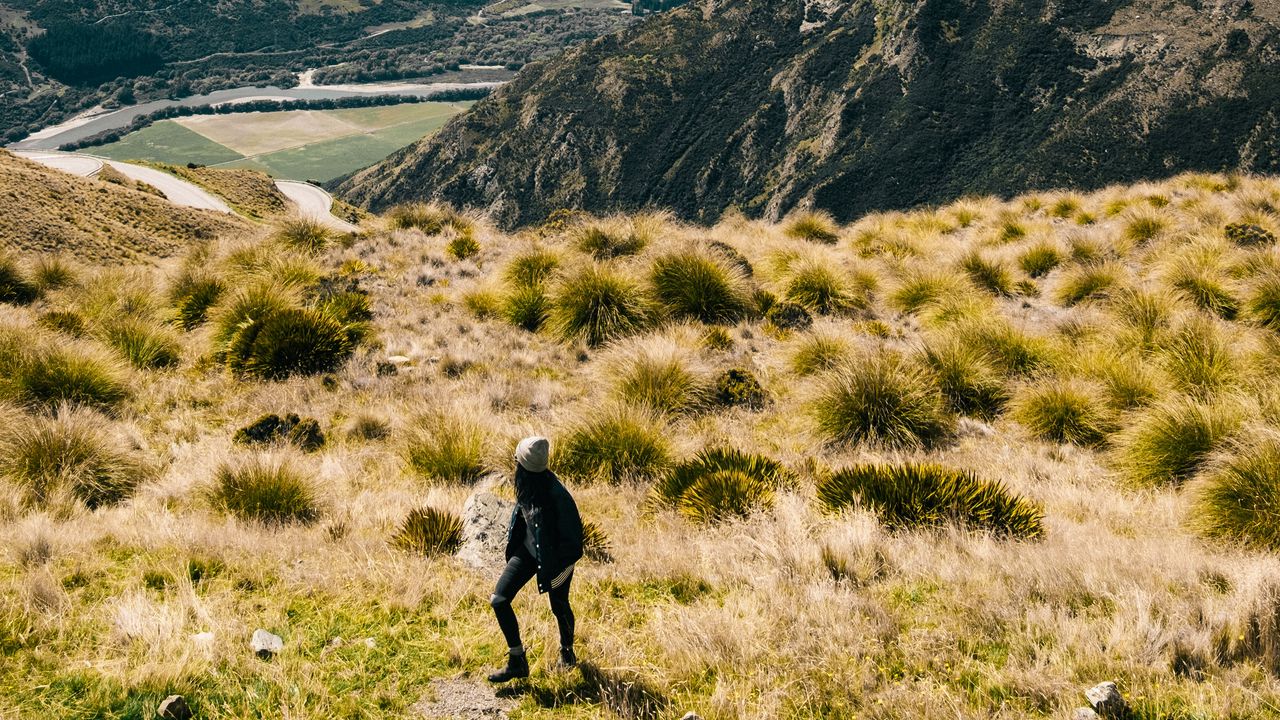 Обои девушка, горы, трава, путешествие, турист, куинстаун, новая зеландия