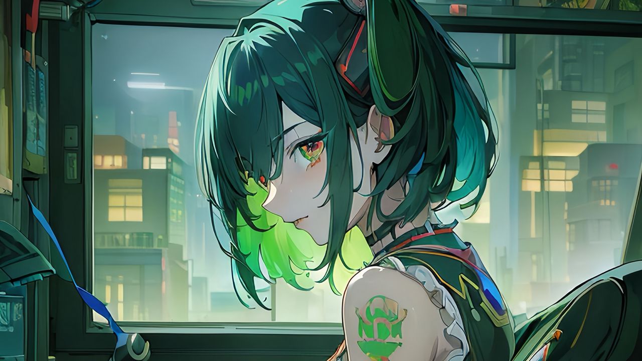 Обои девушка, хакер, окно, зеленый, аниме