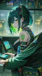 Превью обои девушка, хакер, окно, зеленый, аниме