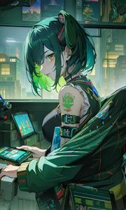 Превью обои девушка, хакер, окно, зеленый, аниме