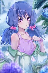 Превью обои девушка, хвостики, дождь, капли, аниме