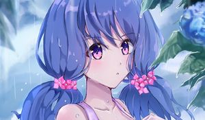 Превью обои девушка, хвостики, дождь, капли, аниме