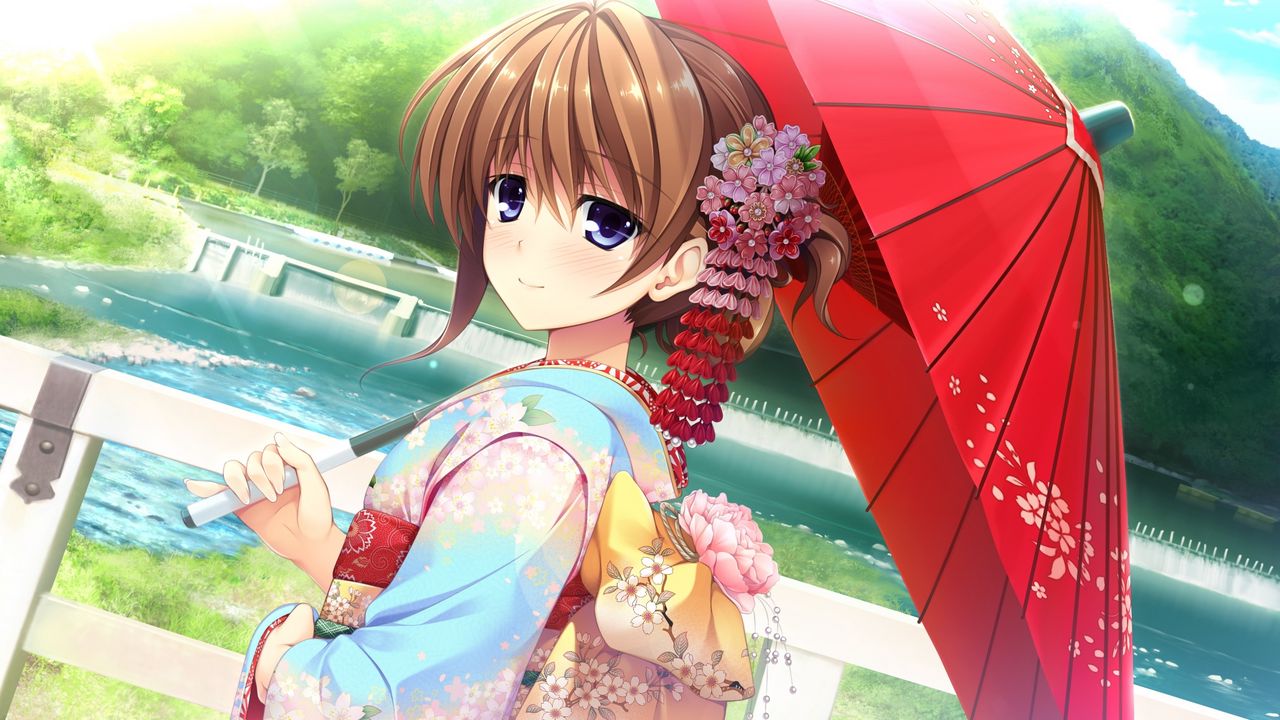 Обои девушка, япония, зонт, кимоно