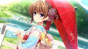 Превью обои девушка, япония, зонт, кимоно