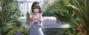 Превью обои девушка, камера, сад, оранжерея, аниме, арт