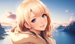 Превью обои девушка, капюшон, море, аниме