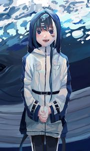 Превью обои девушка, капюшон, улыбка, аниме, арт