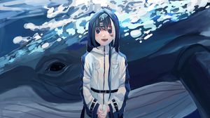 Превью обои девушка, капюшон, улыбка, аниме, арт