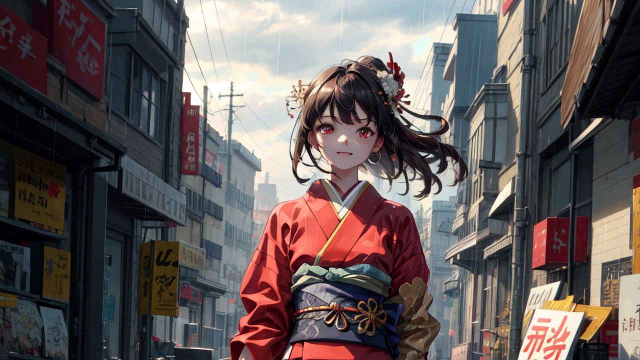 Обои девушка, кимоно, движение, улица, здания, аниме